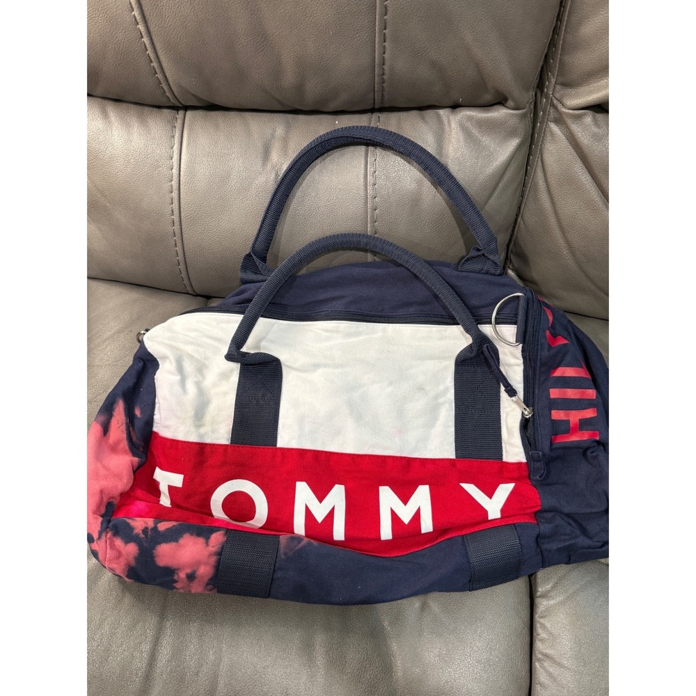Tommy Hilfiger Canvas Duffle Bag Navy White Red Logo Distressed tie die‎ Carryon